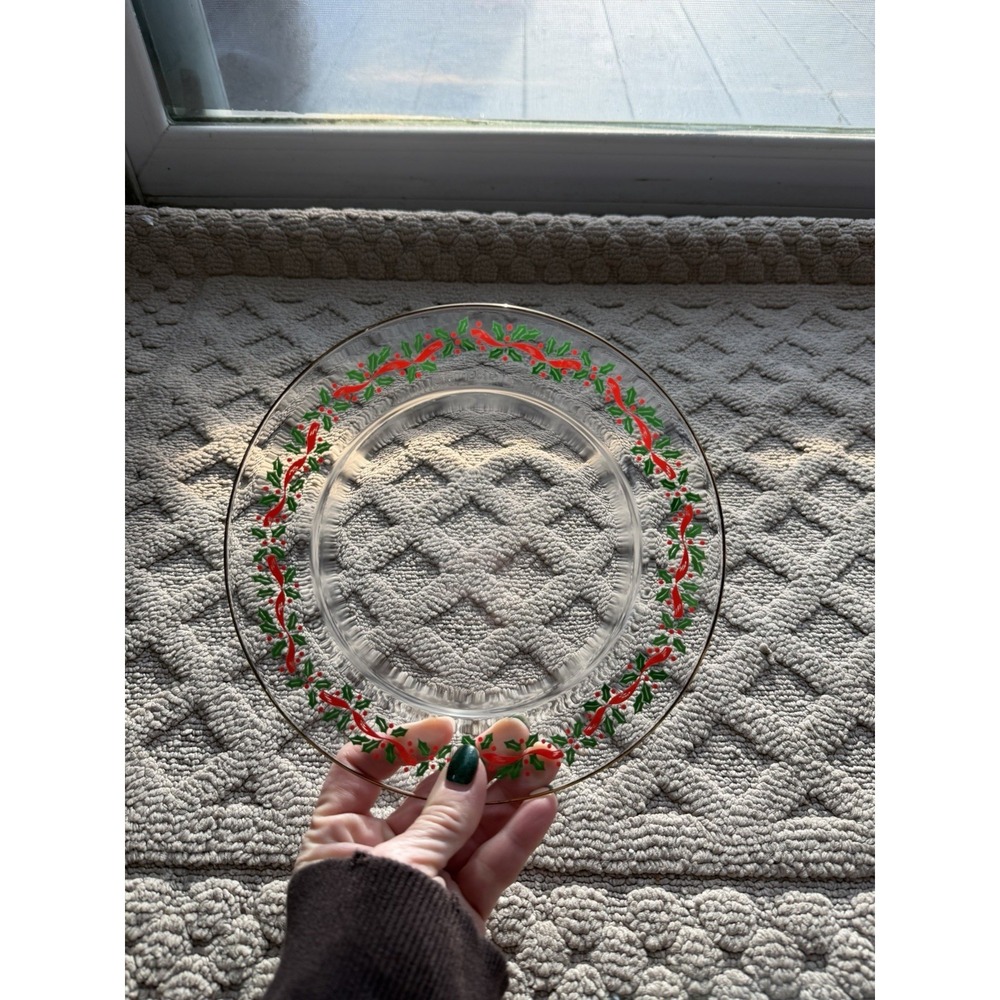 VTG CHRISTMAS ARBY'S ARCOROC RED RIBBON & HOLLY‎ GLASS LUNCH SALAD PLATE